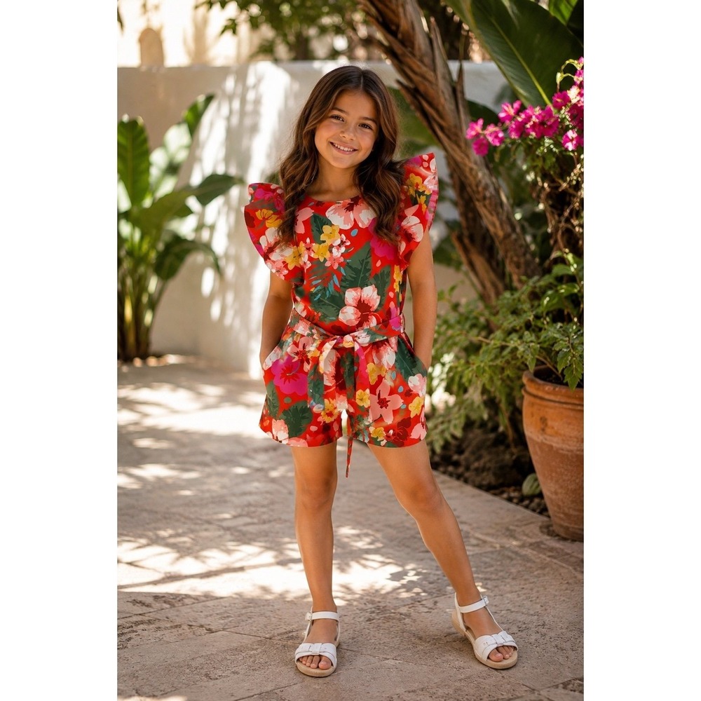 GB Girls Size 8 Floral Romper Red Ruffle Sleeve Belted Pockets Tropical